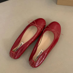 Cyflymder   Fashion Round Toe Flats Shoes Women Shallow Ballerina Female Bow Knot Ballet Comfy Leather Loafers Elegant French Chic Footwear