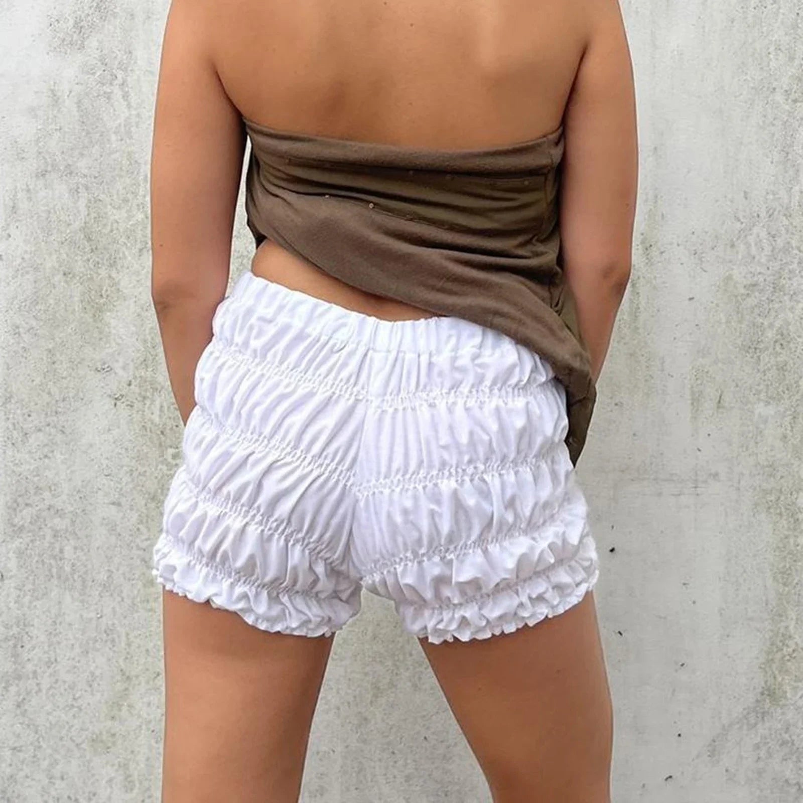 Cyflymder  Women Summer Casual Solid Color Shorts Mid Elastic Waist Ruched Short Pants for Streetwear Slim Fit Lounge Bottoms