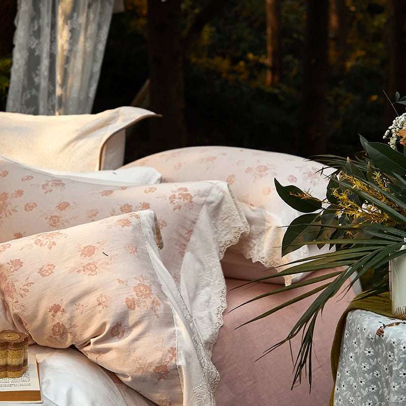 Cyflymder  Vintage Jacquard Lace Ruffles 100% Cotton Double Yarn Soft Princess Bedding Set Duvet Cover Bed Sheet Set Pillowcases 4Pcs