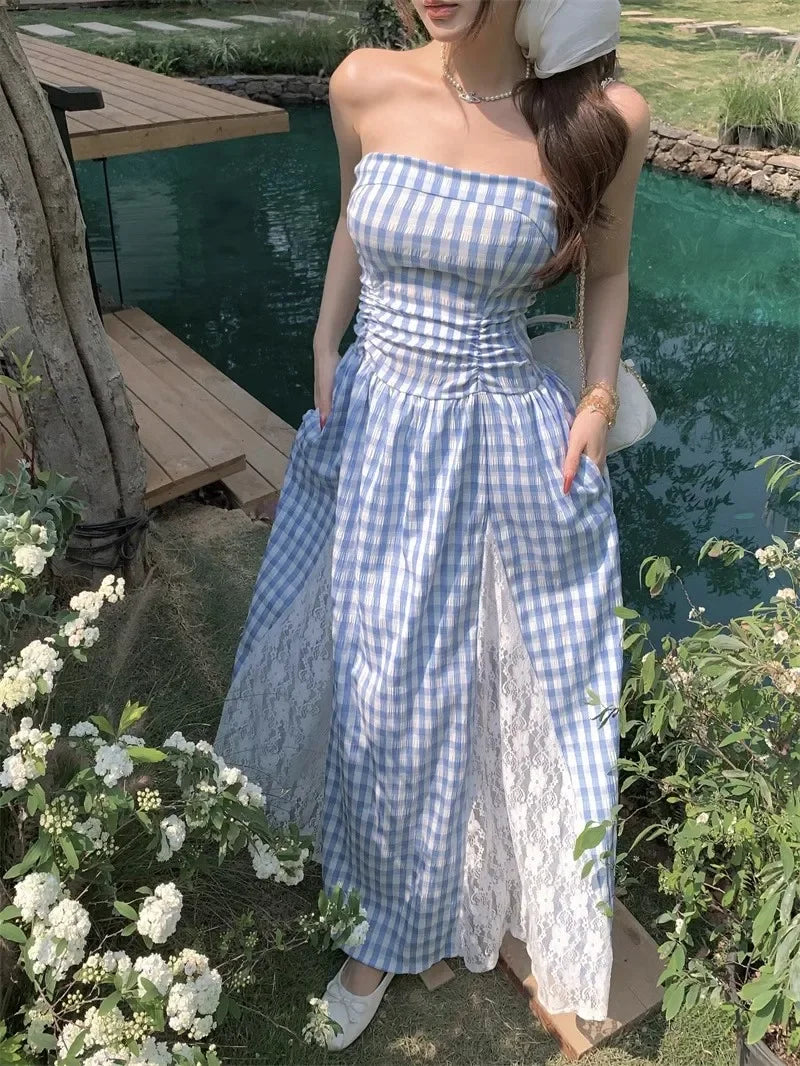 Cyflymder  Korean Style Blue Plaid Lace Halter Dress Women Summer 2025 Sweet Beach Vacation Maxi Skirt Long Dress One Shoulder Sleeveless