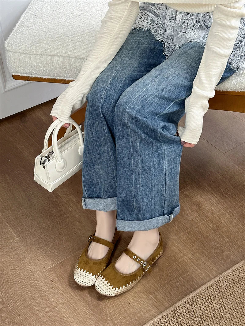 Cyflymder  New Woven Splicing Flats Women Faux Suede French Style Round Toe Buckle Mary Jane Shoes Comfort Shallow Designer Shoes Loafers
