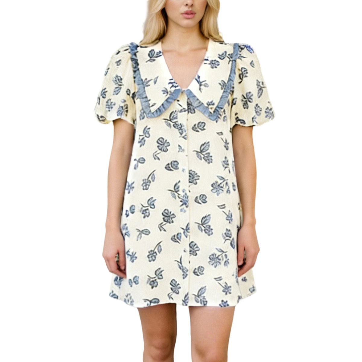 Cyflymder  Women s Vintage Floral Print Ruffle Sleeve Mini Dress with Peter Pan Collar and A-Line Silhouette for Summer Casual Wear