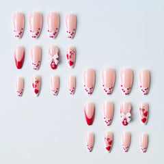 Cyflymder  24pcs French Cherry False Nails 3d Bow Pearl Sweet Style Fake Nail Tips Full Cover Wearable Press on Nails Valentine's Day Gift