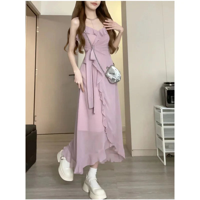 Cyflymder  Summer Party Dresses for Women Backless V-neck Sling Ruffled Temperament Sexy Fashion Suspender Simple Elegant New in Dress