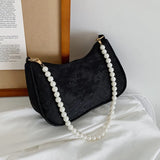 Cyflymder Vintage Women Shoulder Bag Jacquard Lace Flower Solid Color Pearl Chain Underarm Handbag Female Storage Travel Tote