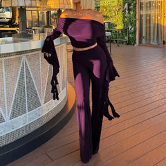Cyflymder   Fashion 2 Piece Set Women Elegant Ruched Slash Neck Off Shoulder Ruffles Flare Long Sleeve Crop Tops + Wide Leg Pants Suits