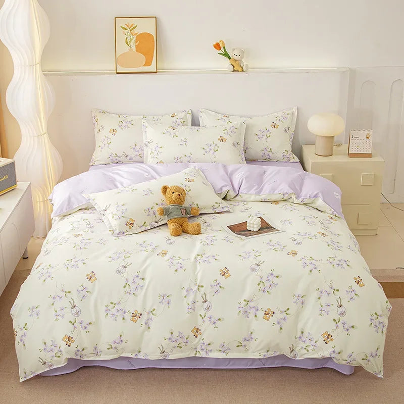 Cyflymder  Ins Style Plant Printed Skin Friendly Cotton Bed Sets 4Pcs Soft Cozy Duvet Cover Set for All Seasons King Queen Textile Supplies