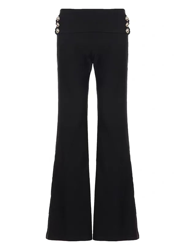 Cyflymder  Y2K Black High Waist Flare Pants Women Side Button Decor Wide Waistband Slim Bottoms Harajuku Grunge High Street Lower garment