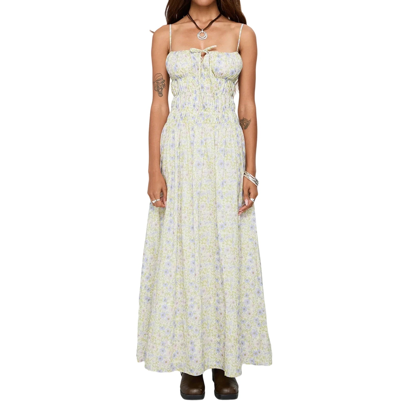 Cyflymder  Smocked Long Dress y2k Women Stripes/Floral Print Spaghetti Strap Sleeveless Dress Vacation Party Dresses Streetwear
