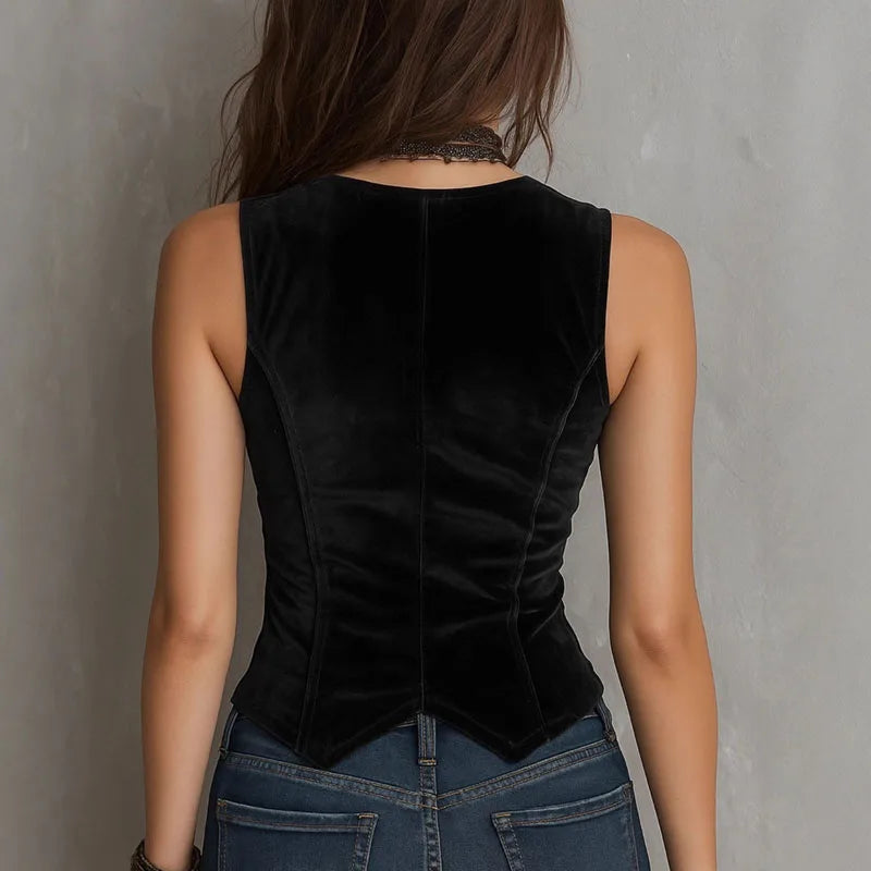 Cyflymder  Autumn Winter Solid Velvet Women's Vest Jacket Elegant V Neck Button Top Cardigan Casual Sleeveless Slim Vintage Outerwear Coats