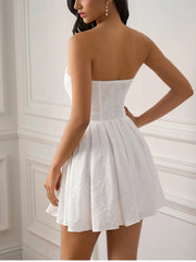 Cyflymder  Summer Tube Top Jacquard Mini Dress Sexy Off-Shoulder Open Back A-Line Shirred Women's Sexy Casual Beach Party Dress