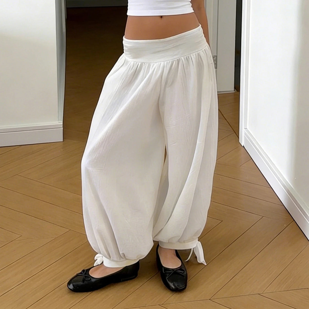 Cyflymder  Street Fashion Elastics Waist Loose Lantern Pants Women Casual All March Drape White Full Length Trousers Fashion Bottom
