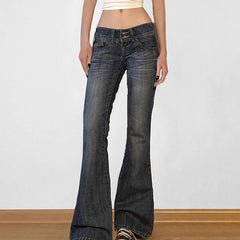 Cyflymder  American Retro Low Waisted Washed Jeans Women Streetwear Y2K Slim Fit Flared Pants Mujer Fashion Button Pockets Denim Trousers