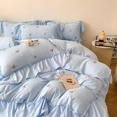 Cyflymder 4pcs Rose Embroidered Duvet Cover Set (1*Duvet Cover 1*sheet 2*Pillowcase ), Princess Style Lace Bedding Set ﻿