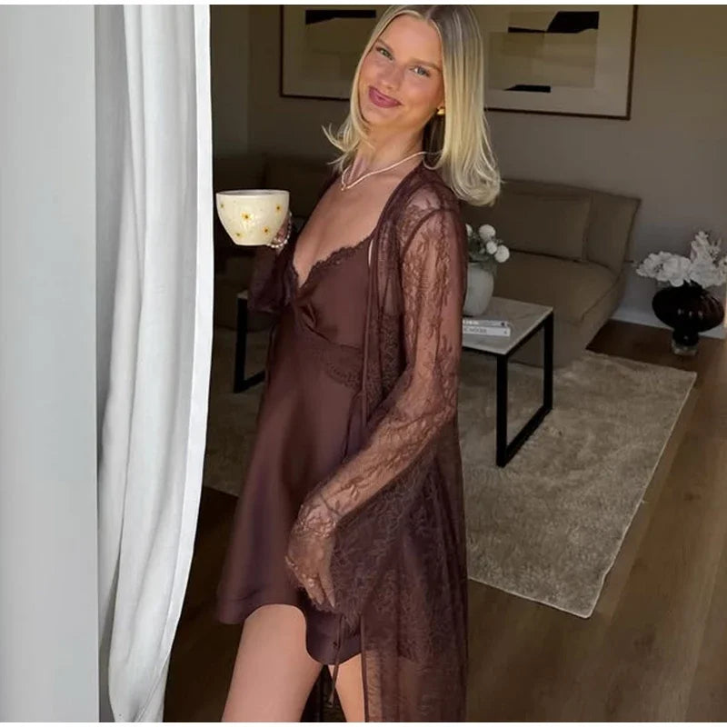 Cyflymder  Sexy Lace Coat Slip Dress Set Women Solid See Through Long Blouse Sleeveless Backless Short Dresses 2025 Fashion Summer Fall Set