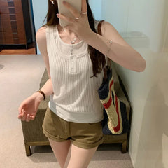 Cyflymder  Summer Elegant Design Loose Knitted Vest Women's Thin Button up Top Outerwear Short Shirt Casual Fashion Minimalist Style