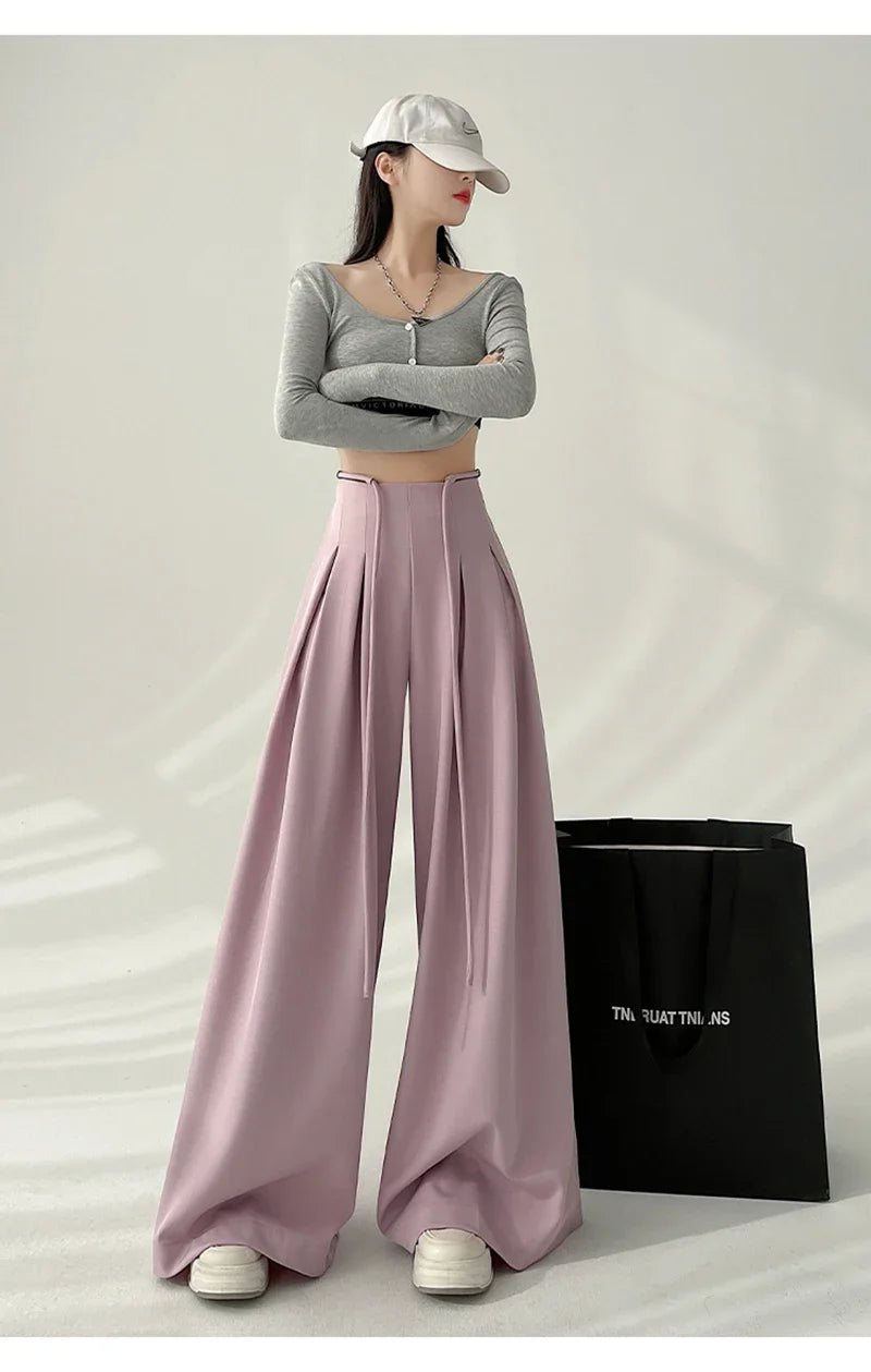 Cyflymder  Streetwear Wide Leg Pants Women Korean Black High Waist Suit Pants Summer Fashion Elegant Lace Up Straight Trousers New