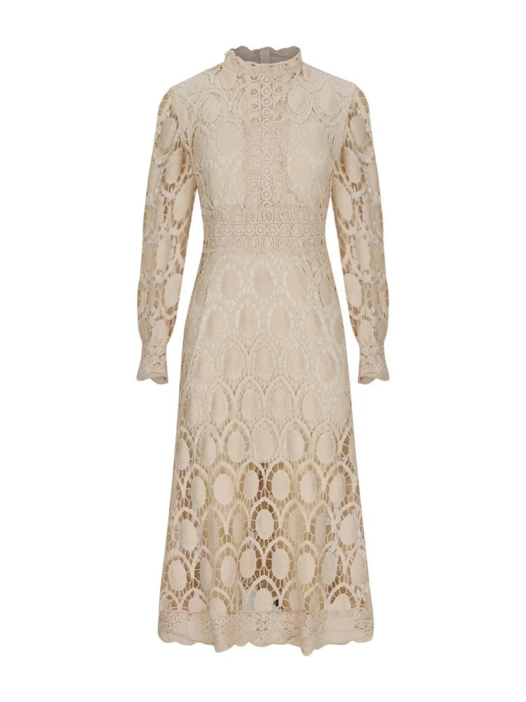 Cyflymder  Dresses for Women Wholesale Sexy Long Sleeved Stand Up Collar and Large Swing Lace Trim New  Fall Elegant Fashion Dress
