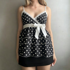 Cyflymder  Women Summer Vintage Dots Print Camisole Tanks Tops Spaghetti Strap V-Neck Lace Trim Bowknot Tiered Ruffles Vests Steetwear