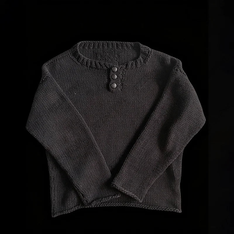 Cyflymder  Minimalist Henley Knit Sweater Women Cropped Loose Thick Knit Solid Long Sleeve Casual Pullover Streetwear