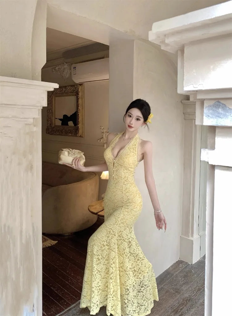 Cyflymder  Sexy Dresses Women Sleeveless Halter Backless Lace Patchwork Slim Stretch Hollow Out Backless Elegant Mermaid Dress Party