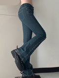 Cyflymder Women's Flared Denim Pants 90s Vintage High Street Hot Girl Rivet Trumpet Pants Y2k High Waist Casual Wide Leg Jeans Streetwear