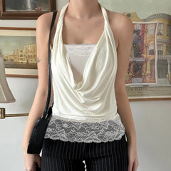 Cyflymder  Women's Halter Cowl Neck Top Sleeveless Lace Trim Hem Slim Fit Y2K Coquette Style Vintage Blouse Casual Daily Date Outfits