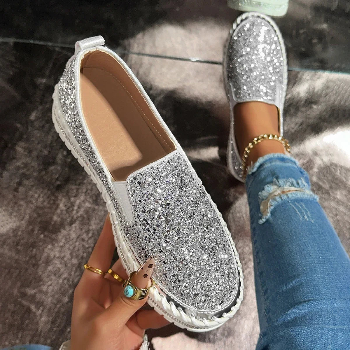 Cyflymder  Women's Rhinestone Flats Comfort Thick Sole Slip on Casual Shoes Woman Fashion Gold Silver Glitter Platform Loafers