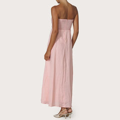 Cyflymder  Women Tube Maxi Dress Ruched Strapless Bodice A Line Long Dress Elegant Lady Sleeveless Flowy Summer Sundress