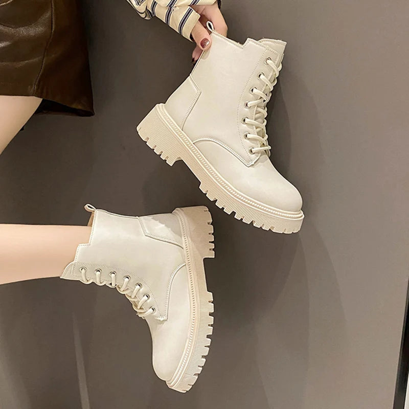 Cyflymder Chunky Heels Lace Up Combat Boots Women Winter Warm Short Plush Ankle Boots Woman Platform Non-Slip PU Leather Short Botas Mujer