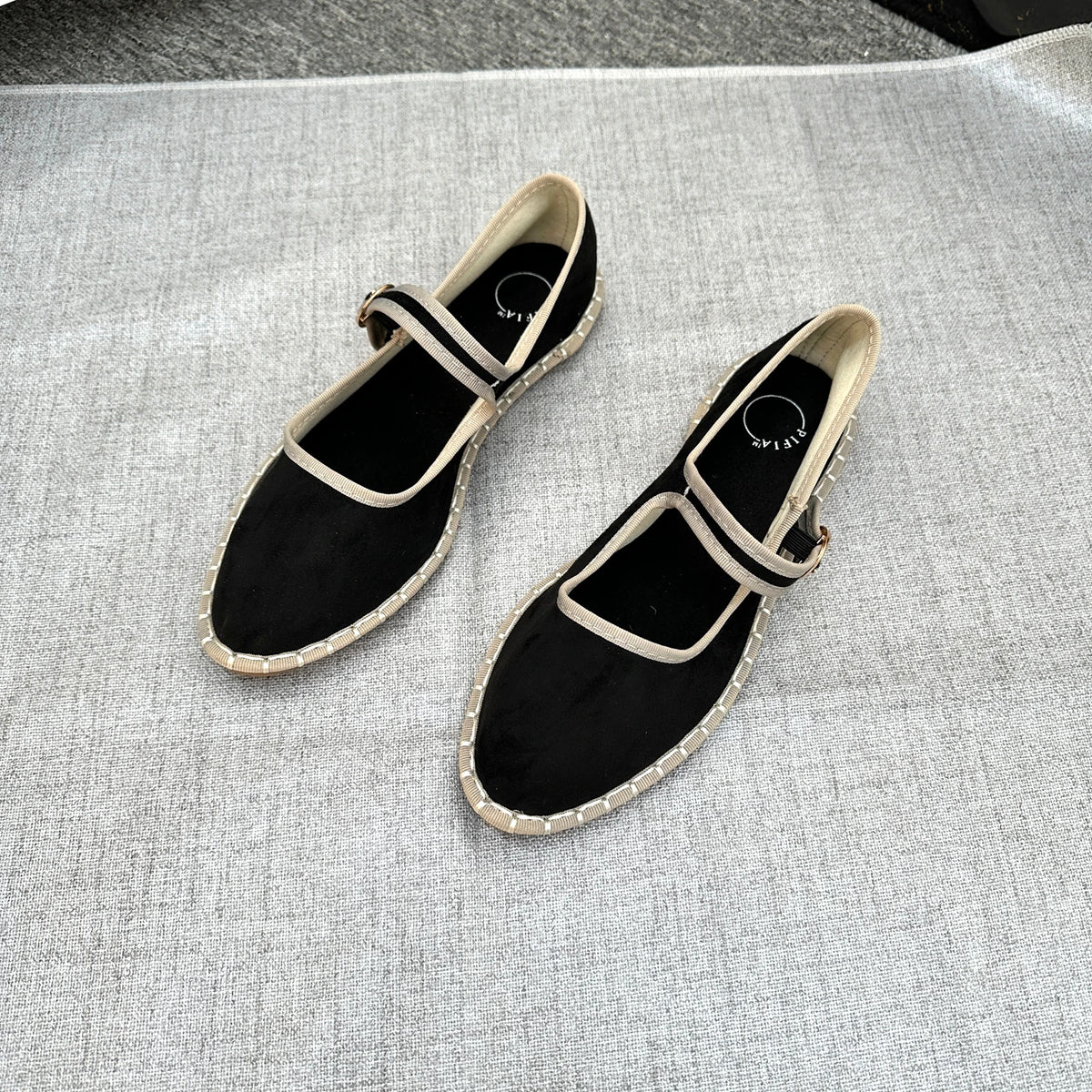Cyflymder  Pointed Toe Mary Jeans Flats Shoes Women Velvet Black Cloth Ballet Flats Spring Autumn Hand Stitch Buckle Strap Shoes Footwear