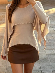 Cyflymder   Autumn Vacation Irregular Fake Two Piece Casual All Match O Neck Long Sleeve Women's T-shirts