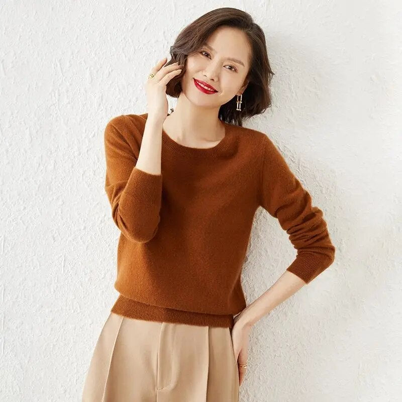 Cyflymder Sweaters Round Neck Pullover Women Keep Warm Long Sleeves Solid Color Bottoming Shirt Autumn Winter Cashmere Commuting Style