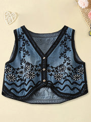 Cyflymder  Women s Floral Embroidered Sleeveless Denim Vest with V Neckline and Button Closure - Stylish Summer Tank Top Jean Jacket