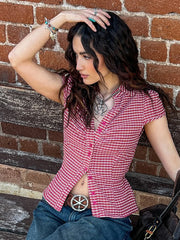 Cyflymder  American Retro Red Plaid ort Sve irt Casual Slim Fit Waist Cinching Button up Top for Young Women