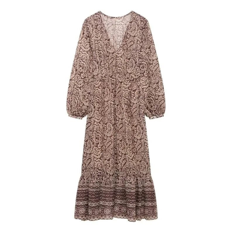 Cyflymder  Floral Print Long Dress Women 2025 New Summer Elegant Loose V-neck Lace Up Midi Dresses Vintage Chic Boho Casual Party Dresses
