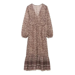 Cyflymder  Floral Print Long Dress Women 2025 New Summer Elegant Loose V-neck Lace Up Midi Dresses Vintage Chic Boho Casual Party Dresses