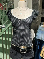 Cyflymder  Polka Dot Lace Trim Square Collar T-shirts Women Retro Back Lace-up Slim Short Sleeve Tee Shirt Vintage Sweet Cute Tshirt Y2K