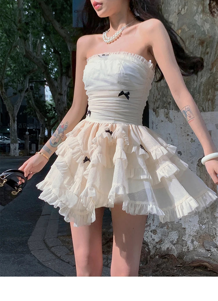 Cyflymder  Summer French Vintage Sweet Dresses Female Kawaii Y2K Fashion Fariy Mini Dress Korean Party Ruffles Puff Sleeve Cake Dress