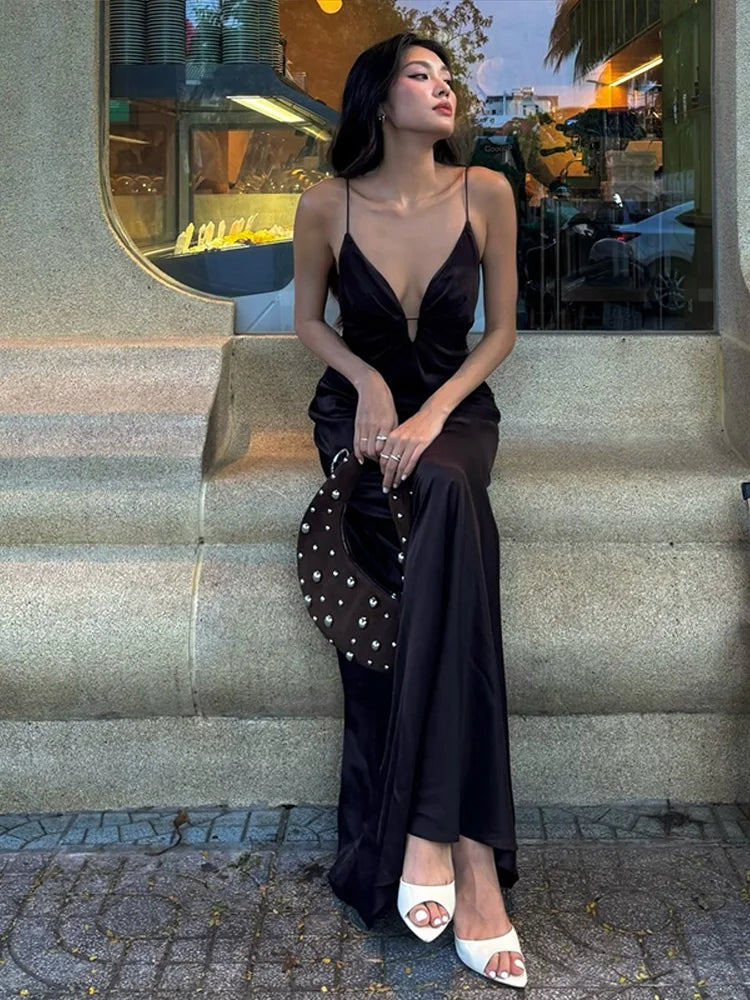 Cyflymder  Deep V Pleat Slip Long Dress Women Sexy Sleeveless Backless Waist Cinching Hip Package Dragging Party Dresses Chic Ladies Robes