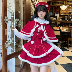 Cyflymder Japanese Kawaii Lolita Dress Sets Women Hooded Shawl Short Jackets Bow Mini Skirt Korean Style Sweet Red Christmas New Year Suit