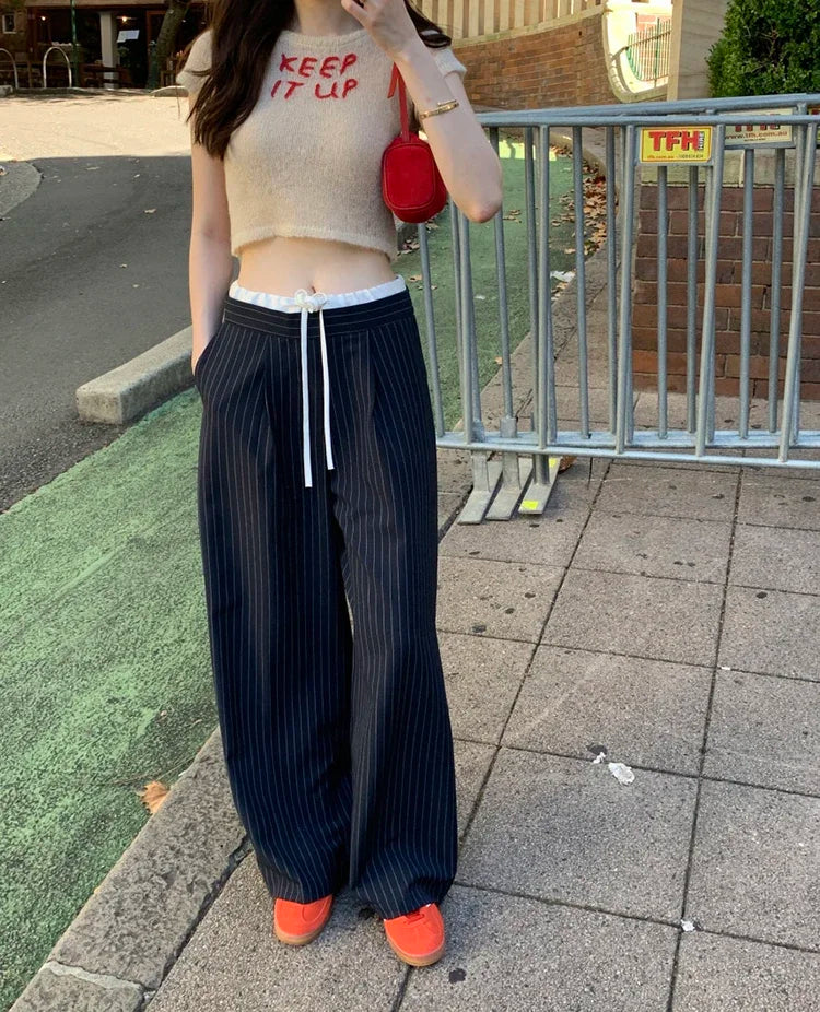 Cyflymder  Korean chic spring retro niche splicing high waist lace up versatile slim striped casual pants wide leg pants long 2025 New