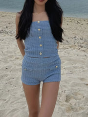 Cyflymder  Chic Blue Y2K Women's Knit Suit Sexy Strapless Top with Button Detail And Elastic Waist Mini Shorts Fashion Sheath Set for 2026