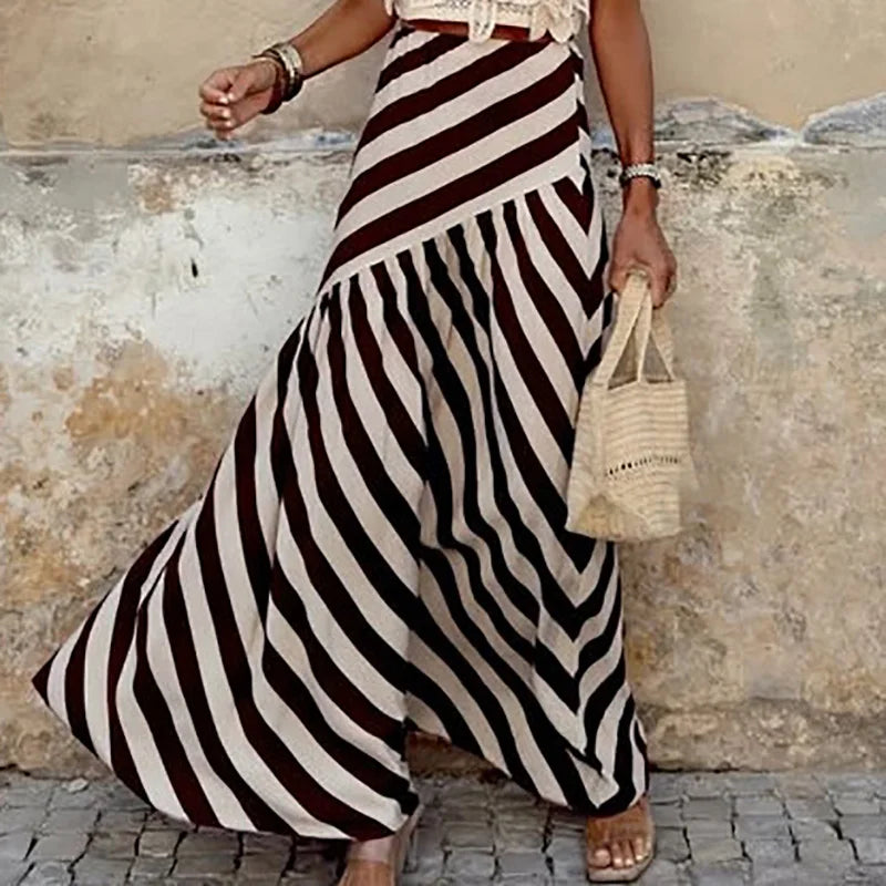 Cyflymder  Spring Summer Loose Commuting Half Skirt 2025 Vacation High Waist Party Skirt Casual Bohemian Striped Printed Women's Long Skirt