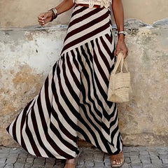 Cyflymder  Spring Summer Loose Commuting Half Skirt 2025 Vacation High Waist Party Skirt Casual Bohemian Striped Printed Women's Long Skirt