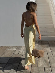 Cyflymder  Women's Summer Sexy Sleeveless V-Neck Backless Midi Dress with Rear Zipper Slim Fit Elegant Sling Dress for Beach Party