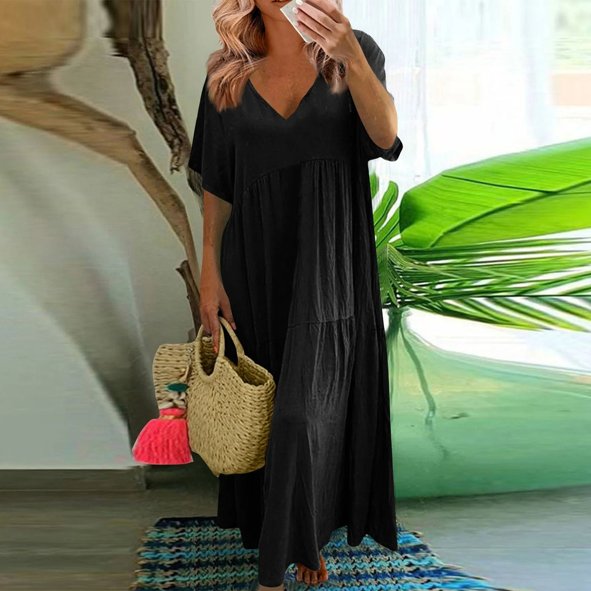 Cyflymder  Casual Summer V-Neck Short Sleeve Pleated Solid Color Casual Midi Dress Hem Loose Dress Loose Large Swing Short-sleeved Dress