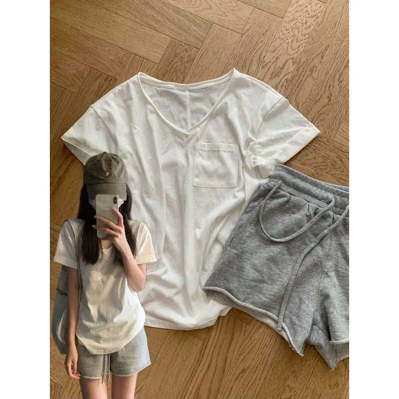 Cyflymder   Simple Lazy Wind V-neck White Short-sleeved Pajamas Women's Summer T-shirt Shorts Loungewear Set