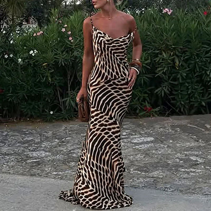 Cyflymder  Lady Casual Holiday Beach Bohemian Dress Vintage Leopard Print Slim Straps Long Dress Spring Summer V Neck Sleeveless Maxi Dress