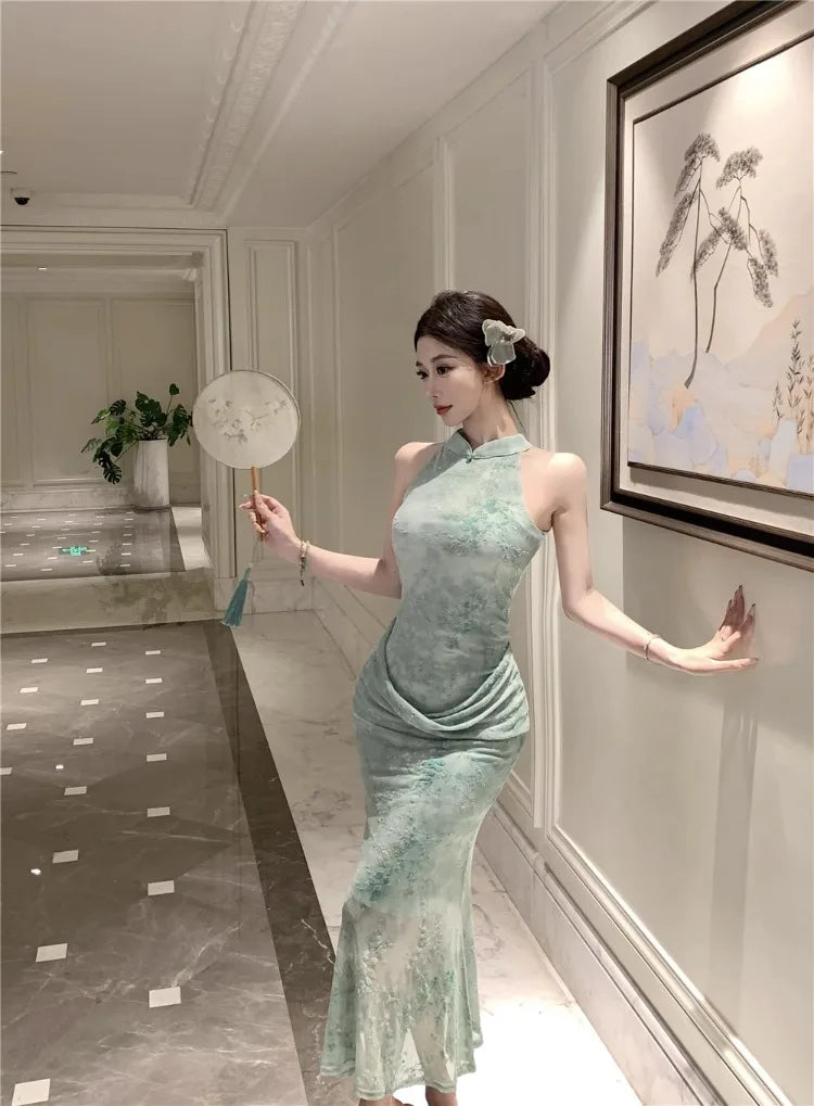 Cyflymder  Sexy Dresses Women Temperament Elegant Floral Printed Stand Collar Slim Stretch Summer Fashion Elegant Dress Female Party